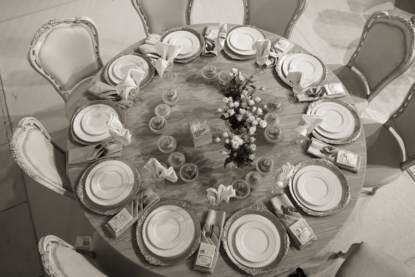 A dining table set for eight people